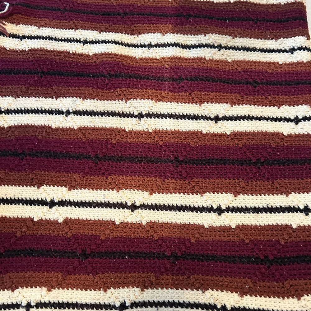 Vintage Crochet Brown Cream Stripe Handmade Blanket Throw Afghan with fringe